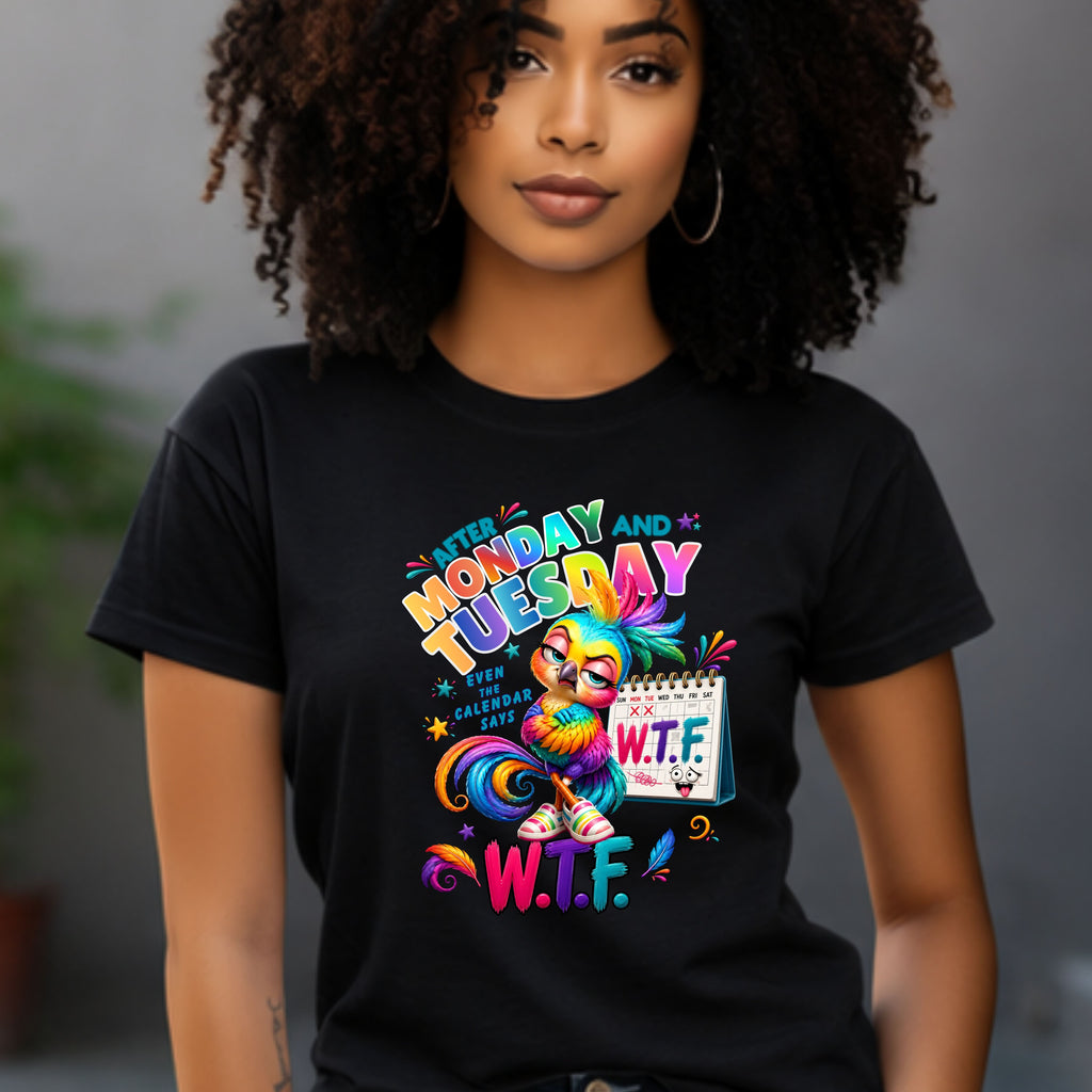 Monday and Tuesday WTF T-Shirt – Funny Colorful Rooster Graphic Tee