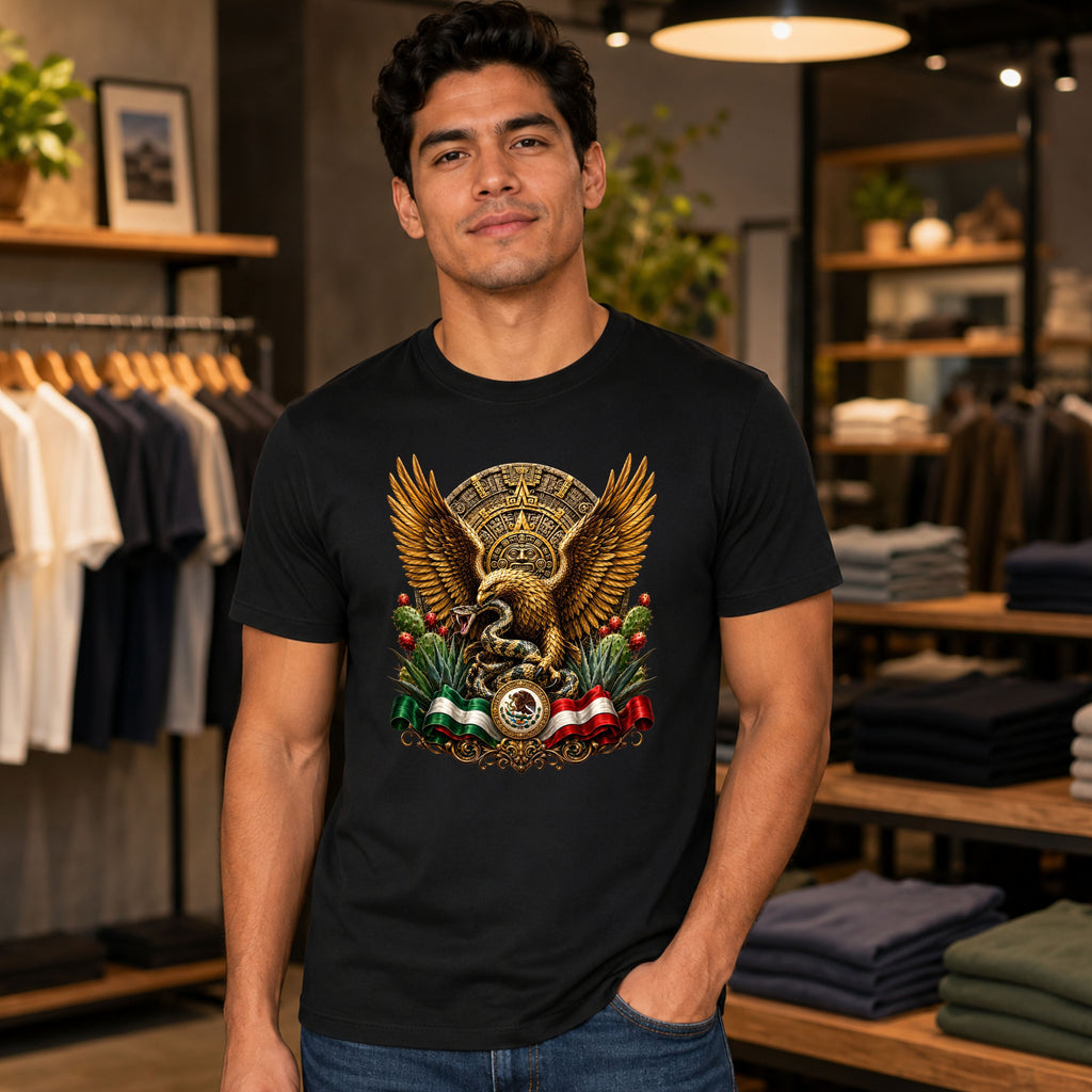 Mexican Eagle Crest T-Shirt — Aztec-Inspired Eagle with Mexican Flag Accents