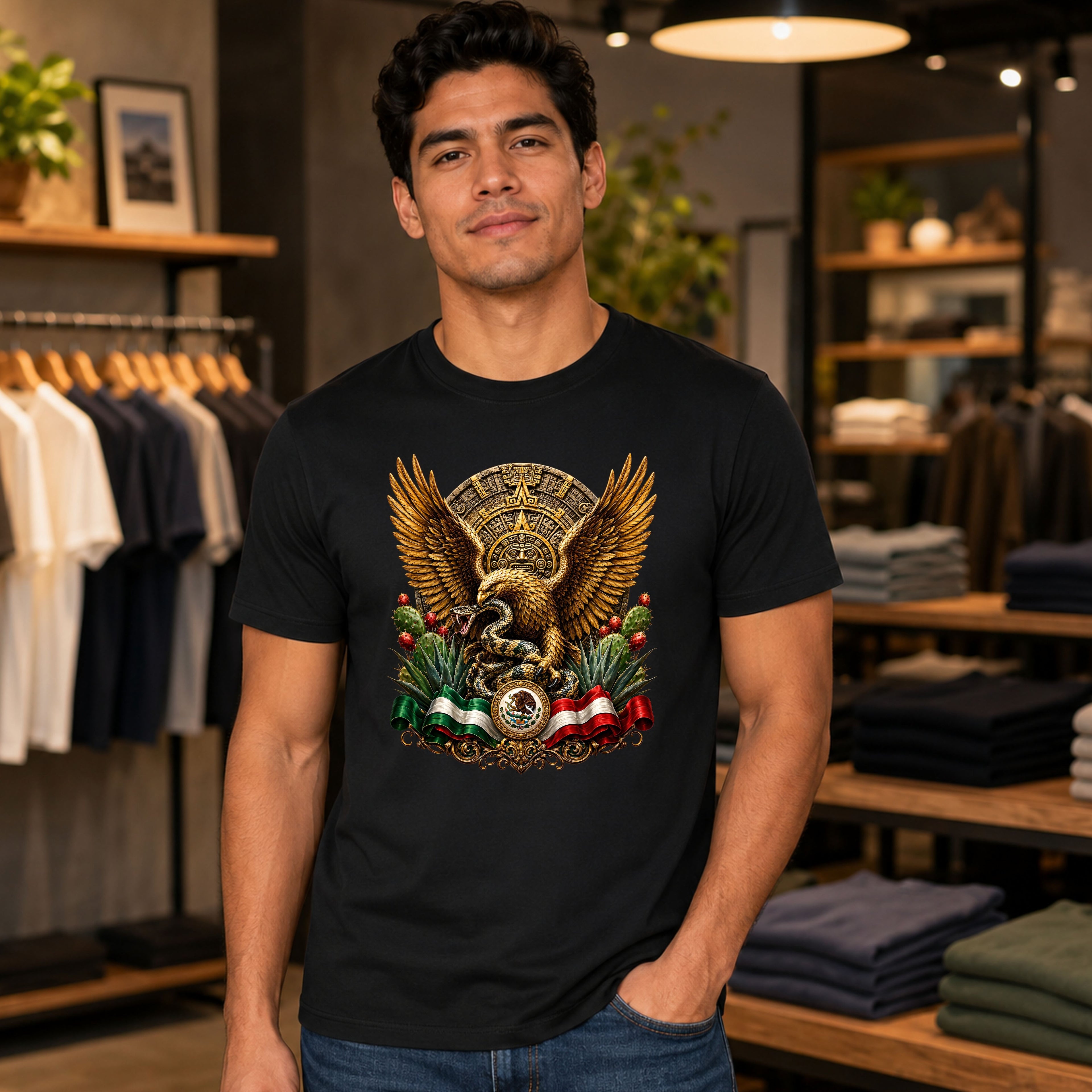 Mexican Eagle Crest T-Shirt — Aztec-Inspired Eagle with Mexican Flag Accents