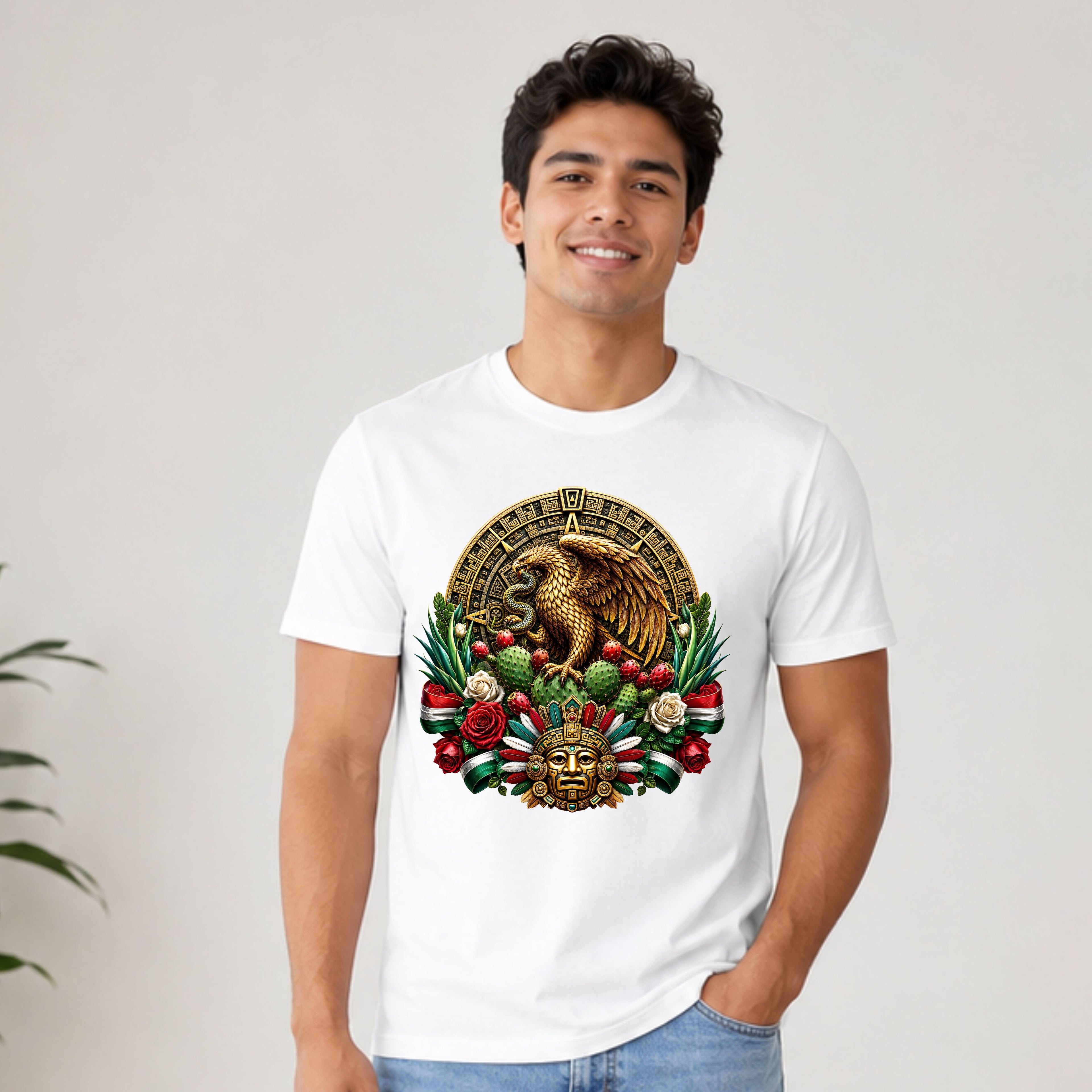 Aztec Eagle Crest T-Shirt — Mexican Heritage Calendar & Floral Graphic Tee