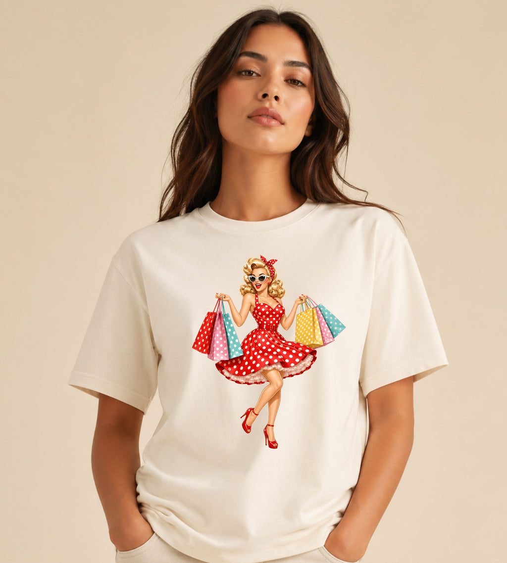 Pinup Shopper Graphic Tee — Retro 1950s Vintage Woman with Shopping Bags