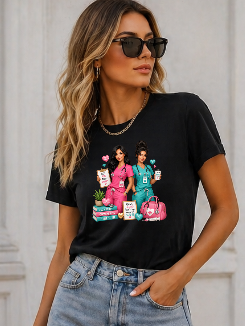 Nurse Besties Graphic Tee — Cute Scrub Nurses Illustration